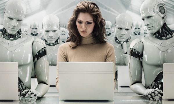 Businesswoman Surrounded by Robots