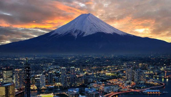 surreal view of Yokohama and Mt. Fuji