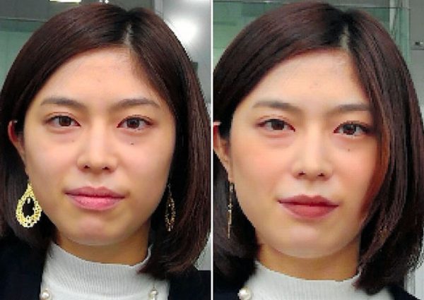 La imagen de la izquierda normal, a la derecha con maquillaje virtual.